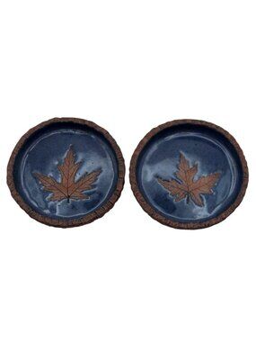Handmade Ceramic Rustic Maple Leaf Coasters Trinket Dishes Set Of 2 Signed RA